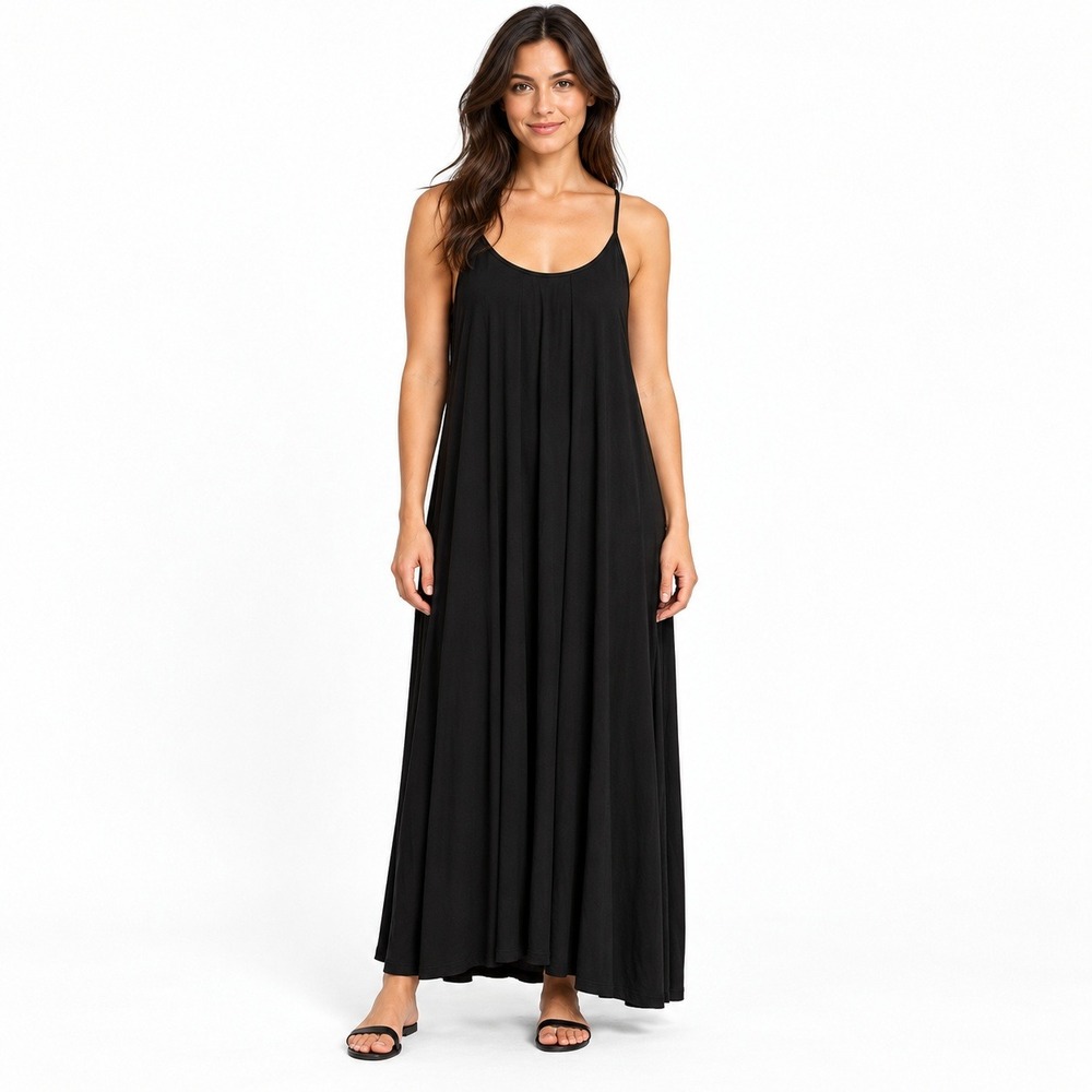 Nicole Miller New York Maxi Dress M Black Strappy Cage Back Rayon Stretch Goth